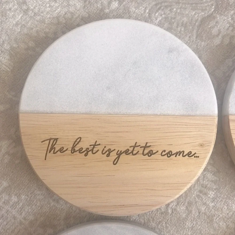 Brand New Genuine Marble & Organic Wood Coaster Set Engraved Gold Tone Holder